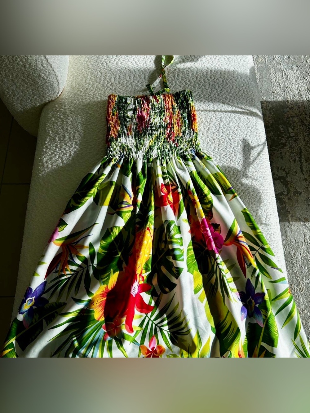 Happy Bay Tropical Floral Smocked Halter Dress - Green Multi…Size: OSFM